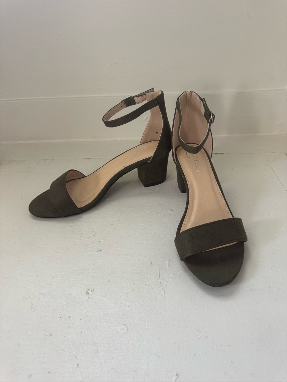 J. Adams Olive Suede Open-Toe Ankle-Strap Block Heels—New with Tags